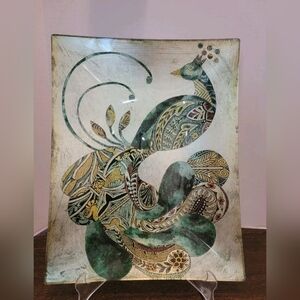 Pier 1 Imports Decorative Silver Foil Art Glasd Peacock 13"×10" Plate/Tray